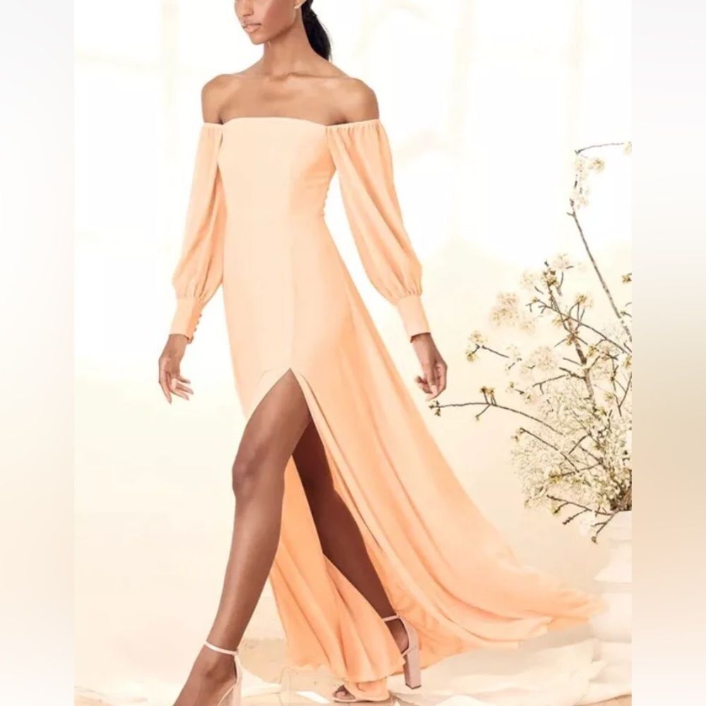 New Lulus Feel the Romance Peach Off-the-Shoulder Maxi Dress Bridesmaid Size XS